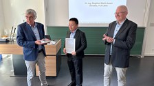Picture 8 - from left, Dr Schniewind (Werth Foundation, Gießen), Dr Jiawei Sun (Winner of the Prize for dimensional metrology of Werth Foundation), Prof Czarske (Director of BIOLAS)