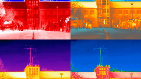 Vier Infrarot Kamera Bilder des Barkhausen Baus der Technischen Universität Dresden. Die Bilder sind als 2 mal 2 Kacheln angeordnet mit unterschiedlich farbigen Temperaturskalen. Die Farben, Rot, Gelb und Blau dominieren den Himmel bzw. das Gebäude.
