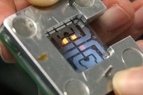 Leuchtende Pixel einer organischen Leuchtdiode im Optik Labor von Prof. Murawski