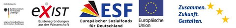 Neben dem Bundesministerium für Wirtschaft und Energie (BMWi) wird EXIST auch durch den EuropäischenLogos von EXIST, Förderlogo des BMWi, ESF, Europäische Union, ESF-Claim "Zusammen. Zukunft. Gestalten."