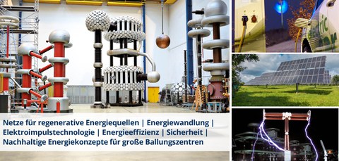 Bildcollage mit Schriftzug. Bilder von links im Uhrzeigesinn: Hochspannungshalle, elektrisches Auto beim Strom-Tanken, Solarplatten, Stromentladung. Der Schriftzug lautet: Netze für regenerative Energiequellen | Energiewandlung | Elektroimpulstechnologie 