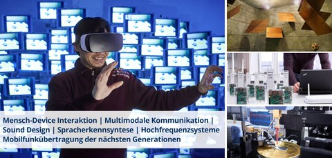 Bildcollage mit Schriftzug. Bilder: ein Man mit VR-Brille, Hallraum, 5G-Lab, Hochfrequenzanalyse. Schriftzug: Mensch-Device Interaktion | Multimodale Kommunikation | Sound Design | Spracherkennsyntese | Hochfrequenzsysteme | Mobilfunkübertragung