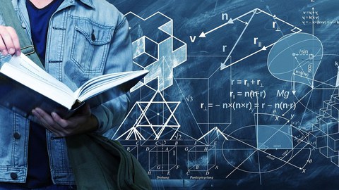 Bild: im Hintergrund eine Tafel mit mathematischer Formeln und Diagrammen. Im Vordergrund ein junger Man, der ein großes Buch hält. Sein Kopf ist nicht sichtbar