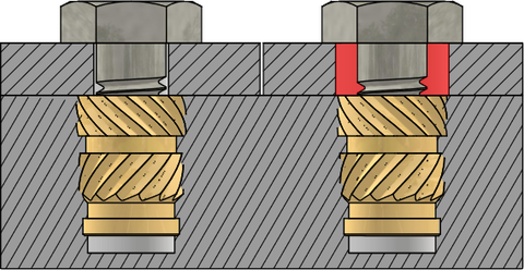 Einsetzmutter ohne Kopf, rechts ist die Montagebohrung zu groß