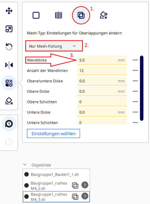 Cura Objektliste und Dialog "Einstellungen pro Objekt"