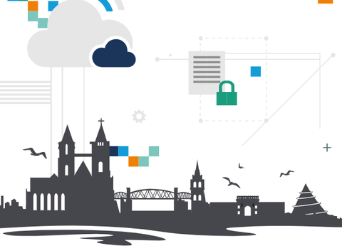 Skyline of a city with symbols that symbolize networking