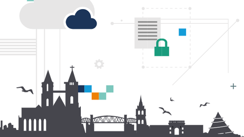 Skyline of a city with symbols that symbolize networking