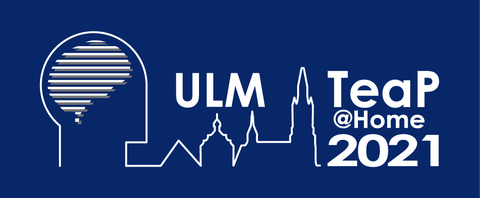 Blue background with logo of TeaP 2021 (head, skyline of Ulm & lettering)