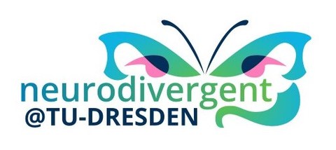 Logo des Projektes mit dem Schriftzug "Neurodivergent@TU-Dresden" mit einem bunten Schmetterling im Hintergrund