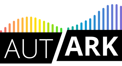 Logo of the "Autark" research project. The lettering "AUT" and "ARK" are each shown in white within a black rectangle. The rectangle "ARK" is slightly offset to the top. Coming out of the top of each of the two rectangles are colorful columns of varying l