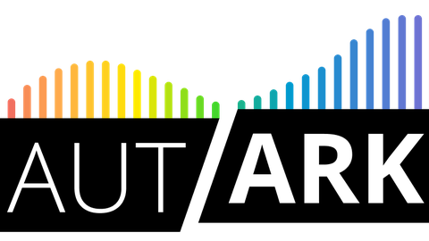 Logo of the "Autark" research project. The lettering "AUT" and "ARK" are each shown in white within a black rectangle. The rectangle "ARK" is slightly offset to the top. Coming out of the top of each of the two rectangles are colorful columns of varying l