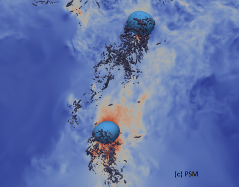 The picture shows part of the simulation domain with two bubbles in the field of view. The bubbles are depicted in blue. The dark grey elements are vortex structures created by the bubbles when they rise through the fluid. The color contour plot shows the vertical velocity component.