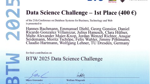 Zertifikat Data Science Challenge Award, Hannes Bachmann, Emmanuel Diehl, Georg Gonsior, Daniel Ricardo Gonzalez Villamizar, Julius Hanusch, Clara Hüfner, Malte Alexander Maier-Knop, Jordan Wenzel Richter, Ansgar Seidemann, Moritz Tschöpe, Felix Wahler