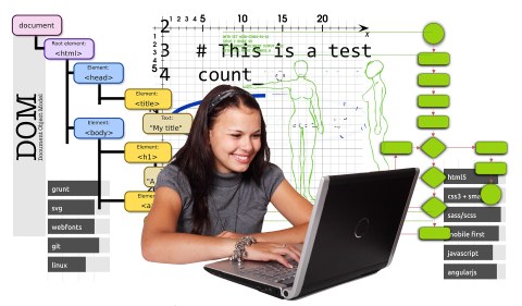 Schülerin vorm Laptop mit Aufgaben im Hintergrund