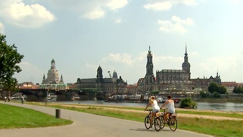 Radweg an der Elbe mit Dresdenpanorama