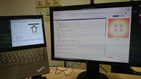 Auf dem Foto ist der CMU Online-Quellcode-Editor zu sehen. Außerdem ist das Fenster des Python-Editors Thonny zu sehen, in dem Quellcode ausgeführt wird, der auf die CMU Grafikbibliothek zugreift.