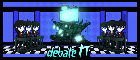 Ein Banner fü den Workshop "Debate IT". Es zeigt je drei Schüler:innen, die sich an Gerichtssaalbänken gegenüberstehen. Im Hintergrund thront ein Turm aus undefinierbarer Technologie.