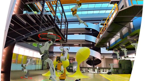 A user interacts with a virtual robot in mixed reality