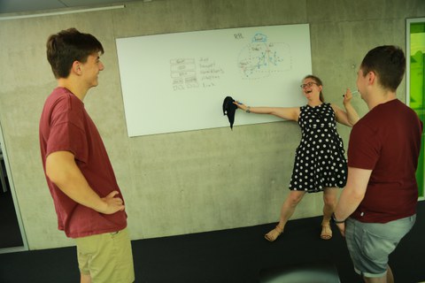 Drei Menschen vor einem Whiteboard