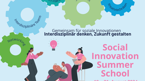 Social Innovation Summer School Werbung (Bunte Zahnräder, gezeichnete Menschen)