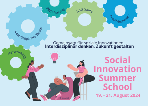 Social Innovation Summer School Werbung (Bunte Zahnräder, gezeichnete Menschen)