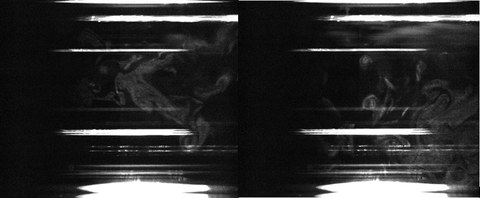 Aufnahmen einer Hochgeschwindigkeitskamera von Rauchpartikeln 