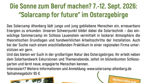 Plakat zur Einladung zu Solarcamp vom 07.-12.09.26 in Altenberg