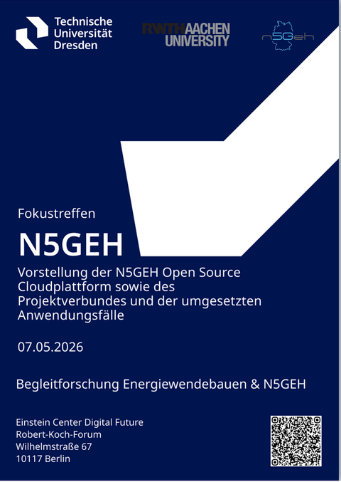 Titelseite Flyer zur Einladung der Vorstellung der N5GEH Open Source Cloudplattform sowie des Projektverbundes und der umgesetzten Anwendungsfälle am 07.05.2025 im Einstein Center Digital Future, Robert-Koch-Forum in 10117 Berlin, Wilhelmstr. 67, Logos der Projektpartner TU Dresden und RWTH Aachen