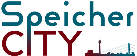 Schriftzug SpeicherCity mit Stadtsilhouette