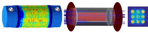 The image shows two schematic CASTOR containers with a simulated gamma flux distribution and a two-dimensional reconstruction of a rod bundle section based on simulated cosmic muons.