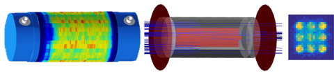 Die Grafik zeigt zwei schematische CASTOR-Behälter mit einer simulierten Gammaflussverteilung und einer zweidimensionalen Rekonstruktion eines Stabbündelausschnitts auf Basis simulierter kosmischer Myonen.