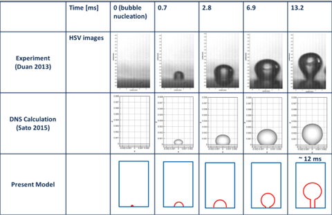 Die Abbildung zeigt den Vergleich zwischen Modellvorhersagen und Experimentaldaten für den Prozess der Dampfblasenentstehung an einer Heizerfläche. 