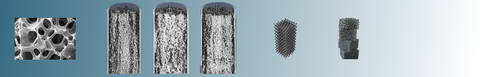 Links: Detailansicht eines Monolithen, Mitte: 3D Schnittansichten verschiedener Monolithen, Rechts: Fotografie von Monolithen verschiedener Porosität und Herstellungsarten