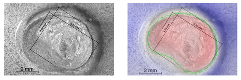 Vergleich von zerstörender Prüfung durch Torsion und ZfP durch die bildgebende Analyse der Remanenzflussdichte (links: durch Torsion zerstörte Probe, rechts: maßstabsgerechte Überlagerung von zerstörend und zerstörungsfrei geprüfter Probe)