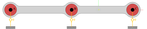 Referenzmodell, Bauteil mit drei Kunststofflagern (Grauer Bereich entspricht Stahl, roter Bereich entspricht Kunststoff)
