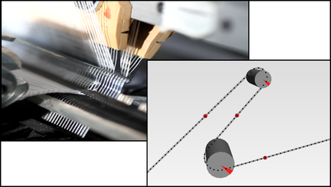 Warp knitting machine during mesh generation with two guide needle bars at the knitting space and beam modelling in a muiltibody simulation environment