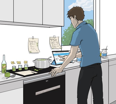 UserStory Panel 1: A Person, Karl, is in his Kitchen and develops a special Algea-Lemonaid