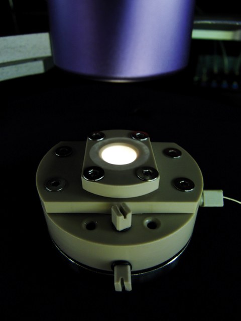 Foto einer kleinen spektro-elektrochemischen Messzelle aus beigem Kunststoff, die unter dem Objektiv eines Mikroskops steht.