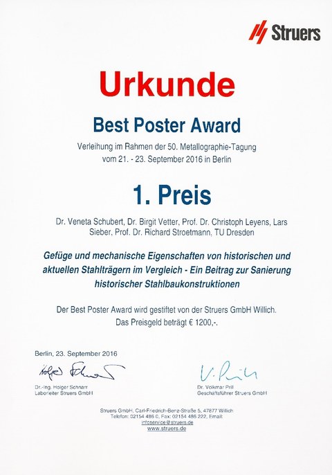 Urkunde Best Poster Award