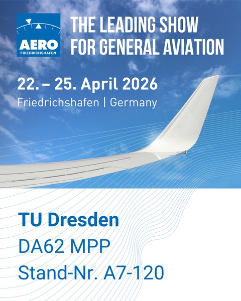Ein Banner: im oberen Teil Flügel eines Flugzeuges in der Luft und Wolken, unten Schrift:"TU Dresden DA62 MPP Stand-Nr. A7-120