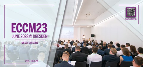 A conference room with participants, featuring the ECCM 2028 logo.