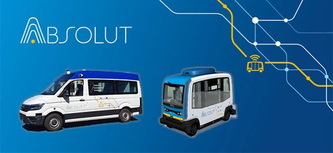 Logo Absolut und elektrisch angetriebenen Fahrzeugtypen - Peoplemovers EasyMile EZ10 2. Generation sowie zum Kleinbus umgebauten VW eCrafter