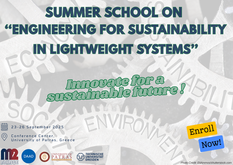 Illustration with inscription “Summer School on Engineering for Sustainability in Lightweight Systems, Innovate for sustainable future!”, September 23-25, 2025, Conference Center, University of Patras, Greece, Enroll Now!”