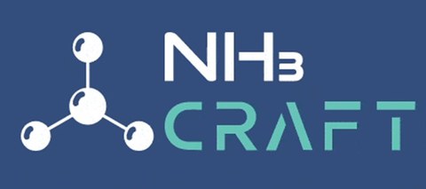 NH3CRAFT-logo: Blue background, spheres arranged in triangles connected by lines and leading to a sphere in the centre.