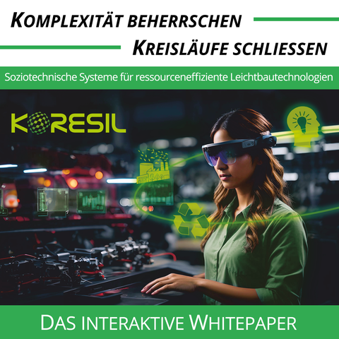 Ein Coverbild zeigt eine Frau mit AR-Brille in einem technischen Umfeld. Um sie herum schweben Symbole, darunter ein Zahnrad für Industrie, das Recycling-Symbol und ein Kopf mit einer Glühbirne, das für Innovation steht. 