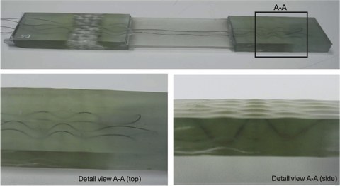 Demonstrator with a graded properties and textile-integrated SMA actuator wires arranged in an antagonistic configuration.