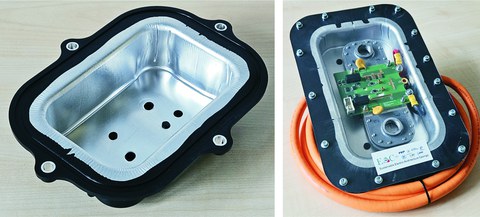 Zwei Fotos nebeneinander von den Demonstratoren. Rechts: ein rechteckiges, ausgehöhltes Metallgehäuse; links: das selbe Metallgehäuse als Hybridbauteil.