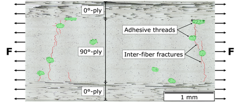 Microsection of a glass fiber reinforced cross-ply laminate with adhesive threads (green) and inter-fiber fractures (red).