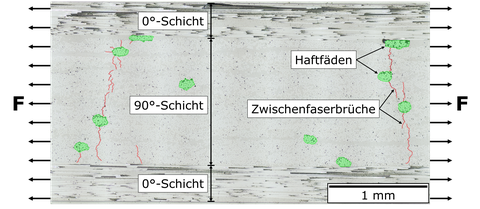 Schliffbild eines glasfaserverstärkten Kreuzlaminats mit Haftfäden (grün) und Zwischenfaserbrüchen (rot).