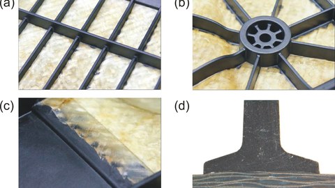 Lokal funktionalisierte Organobleche: Kreuzrippenmuster (a), Lasteinleitungszone (b), umsäumter Randbereich einer Textilverstärkung (c), Versteifungsrippe mit ausgeprägtem Rippenfuß im Schliffbild (d)